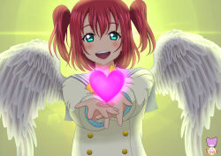 Rule 34 | 2girls, angel wings, aqua eyes, crossover, heart, highres, kurosawa ruby, looking at viewer, love live!, love live! sunshine!!, multiple girls, open mouth, red hair, smile, two side up, uranohoshi school uniform, user sjah7745, wings