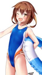 Rule 34 | 1girl, artist name, blue one-piece swimsuit, blush, brown eyes, brown hair, collarbone, competition swimsuit, dated, fang, flat chest, hair ornament, hairclip, highres, ikazuchi (kancolle), innertube, kantai collection, looking at viewer, one-piece swimsuit, open mouth, short hair, simple background, smile, solo, standing, swim ring, swimsuit, tsuchimiya, white background