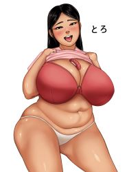 Rule 34 | 1girl, bad id, bad twitter id, belly, between breasts, black eyes, black hair, blush, bra, breasts, cleavage, clothes lift, highres, huge breasts, long hair, looking at viewer, open mouth, original, panties, plump, shirt, shirt lift, smile, solo, standing, tongue, tongue out, toroboro, underwear