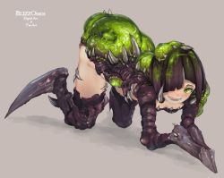 Rule 34 | 1girl, acid, artist name, baneling (starcraft), black hair, blizzomos, commentary, english commentary, full body, green eyes, grey background, hair over one eye, highres, looking at viewer, monster girl, personification, simple background, solo, spikes, starcraft
