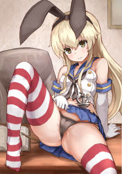 Rule 34 | 10s, 1girl, anchor, anchor hair ornament, bare shoulders, black panties, blonde hair, book, breasts, buttons, chair, clothes lift, commentary request, crop top, desk, elbow gloves, gloves, hair ornament, hairband, highres, kantai collection, long hair, looking at viewer, miniskirt, okitsugu, on desk, panties, revision, sailor collar, school uniform, serafuku, shimakaze (kancolle), sitting, on desk, skirt, skirt lift, small breasts, solo, striped clothes, striped thighhighs, thighhighs, underwear, white gloves