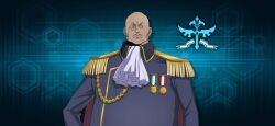 Rule 34 | 1boy, arm at side, artist request, ascot, bags under eyes, bald, bartley asprius, blue background, blue eyes, blue jacket, cape, closed mouth, code geass, code geass: lost stories, dark-skinned male, dark skin, drop shadow, earrings, epaulettes, fat, fat man, furrowed brow, game cg, grey-framed eyewear, hand on own hip, highres, jacket, jewelry, logo, long sleeves, looking at viewer, male focus, medal, military uniform, monocle, non-web source, official art, pencil mustache, red cape, single earring, solo, tinted eyewear, uniform, v-shaped eyebrows, white ascot, yellow-tinted eyewear