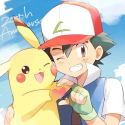 Rule 34 | 1boy, :3, anniversary, ash ketchum, bad id, bad pixiv id, baseball cap, black eyes, black hair, blue background, blue jacket, blue sky, blush, blush stickers, brown hair, cloud, creatures (company), day, english text, fingerless gloves, game freak, gen 1 pokemon, gloves, green gloves, grin, hair between eyes, hand up, happy, hat, heart, heart hands, heart hands duo, jacket, jpeg artifacts, light blush, looking at viewer, lowres, male focus, mei (maysroom), nintendo, one eye closed, open mouth, pikachu, pokemon, pokemon (anime), pokemon (classic anime), pokemon (creature), red headwear, short hair, short sleeves, sky, smile, teeth, wink