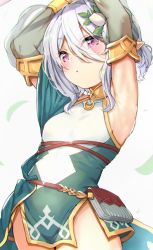 Rule 34 | 1girl, :o, armpits, arms up, bare shoulders, blush, breasts, commentary request, covered navel, detached sleeves, dress, flower, green dress, green sleeves, grey background, hair between eyes, hair flower, hair ornament, haruken, kokkoro (princess connect!), parted lips, pointy ears, princess connect!, puffy short sleeves, puffy sleeves, purple eyes, see-through, see-through sleeves, short sleeves, silver hair, sleeveless, sleeveless dress, small breasts, solo, white flower