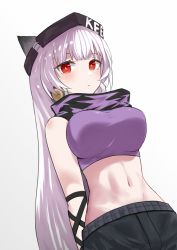 Rule 34 | 1girl, absurdres, animal ears, arknights, bare shoulders, black headwear, black pants, c2 jun, commentary, crop top, fox ears, frostleaf (arknights), frostleaf (breaking the ice) (arknights), gradient background, grey background, highres, long hair, looking at viewer, midriff, navel, official alternate costume, open clothes, pants, purple shirt, red eyes, shirt, sleeveless, sleeveless shirt, solo, stomach, upper body, very long hair, white background, white hair