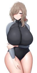 Rule 34 | 1girl, absurdres, arm under breasts, blush, breasts, brown hair, closed mouth, commission, copyright request, cowboy shot, hair over one eye, highres, huge breasts, long hair, looking at viewer, one-piece swimsuit, simple background, skeb commission, smile, solo, suruga (xsurugax), swimsuit, tareme, thighs, white background, zipper