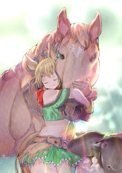 Rule 34 | 1girl, animal ears, bandana, blonde hair, cowboy shot, creature and personification, diffraction spikes, closed eyes, gloves, green skirt, hair ornament, highres, horse, horse ears, horse girl, horse tail, hug, leather, leather belt, leather gloves, light rays, midriff, miniskirt, red bandana, sheep, skirt, star (symbol), star hair ornament, star print, taiki shuttle (racehorse), taiki shuttle (umamusume), tail, umamusume, usapenpen2019