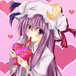 Rule 34 | 1girl, blush, box, chocolate, crescent, crescent hat ornament, female focus, hat, hat ornament, heart, heart-shaped box, long hair, mouth hold, patchouli knowledge, purple hair, ram hachimin, solo, touhou, valentine