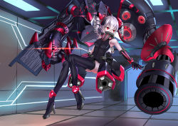Rule 34 | 1girl, absurdres, armpits, bare shoulders, black footwear, black gloves, black leotard, boots, bronya zaychik, bronya zaychik (black nucleus), drill hair, elbow gloves, floating, floor, full body, gloves, grey hair, hair between eyes, hair ornament, high heel boots, high heels, highres, honkai (series), honkai impact 3rd, indoors, leotard, looking to the side, pale skin, project bunny, red eyes, smile, solo, thigh boots, thighhighs, twin drills, ying fa