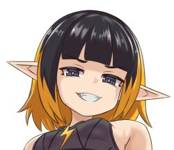 Rule 34 | 1girl, alternate design, bare shoulders, black eyes, black hair, blonde hair, blunt bangs, breasts, bright pupils, close-up, commentary request, commission, fang, grin, highres, medium hair, monster girl encyclopedia, nav (itsnav), original, pointy ears, simple background, small breasts, smile, solo, teeth, thunderbird (monster girl encyclopedia), white background