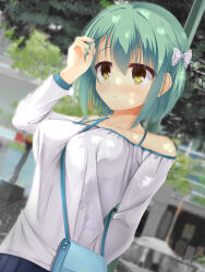 Rule 34 | 1girl, 3:, absurdres, adjusting hair, arm behind back, bag, bare shoulders, blurry, blurry background, blush, bow, breasts, closed mouth, collarbone, commentary request, dappled sunlight, day, dutch angle, eyes visible through hair, frown, green hair, hair between eyes, hair bow, hand up, handbag, highres, large breasts, long sleeves, looking up, noble works, off-shoulder shirt, off shoulder, outdoors, photo background, reiji tsukimi, shirt, short hair, solo, sunlight, tsukiyama sena, upper body, upturned eyes, white bow, white shirt, yellow eyes