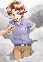 Rule 34 | 1boy, belt, belt buckle, bill (pokemon), breast pocket, brown eyes, brown hair, brown pants, buckle, collared shirt, commentary request, creatures (company), game freak, hand up, highres, male focus, nintendo, oka mochi, one eye closed, open mouth, pants, pocket, pokemon, pokemon rgby, purple shirt, shirt, short hair, short sleeves, smile, smoke, solo, tongue, traditional media