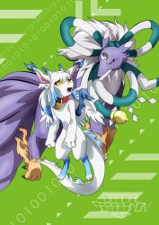 Rule 34 | 2others, digimon, digimon (creature), fox, highres, kitsune, kyuubi, looking at another, multiple others, multiple tails, official seraphimon, original, tail, youkomon