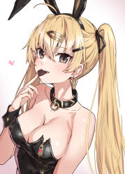 Rule 34 | 1girl, animal ears, black bow, black eyes, black leotard, blonde hair, blush, bow, breasts, chocolate, cleavage, collar, detached collar, earrings, fake animal ears, food, highres, holding, holding chocolate, holding food, jewelry, large breasts, leotard, long hair, looking at viewer, original, playboy bunny, rabbit ears, simple background, solo, strapless, strapless leotard, takanashi kei (hitsujikan), twintails, white background, wrist cuffs