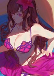 Rule 34 | 1girl, absurdres, bikini, breasts, brown hair, cleavage, collarbone, fate/grand order, fate (series), flower, hair flower, hair ornament, hand on own hip, hibiscus, highres, large breasts, long hair, pink eyes, red cucumber, red flower, sarong, scathach (fate), scathach (fate/grand order), scathach (swimsuit assassin) (fate), shiny skin, solo, swimsuit, underboob