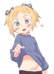Rule 34 | 1girl, blonde hair, blue eyes, blush, character request, child, clothes lift, eds, female focus, groin, heart, navel, open mouth, shirt lift, simple background, solo, white background