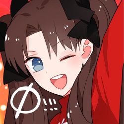 Rule 34 | 1girl, bad id, bad twitter id, black hair, blue eyes, bow, brown hair, countdown, fate/stay night, fate (series), gum (gmng), hair bow, long hair, lowres, one eye closed, open mouth, red shirt, shirt, smile, solo, teeth, tohsaka rin, twintails, wink