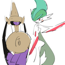 Rule 34 | 1boy, aegislash, apios, aqua hair, arm up, bad id, bad pixiv id, black sclera, blush stickers, colored sclera, colored skin, creatures (company), eye contact, gallade, game freak, gen 4 pokemon, gen 6 pokemon, green hair, hair over one eye, half-closed eyes, hand up, happy, looking at another, male focus, mega gallade, mega pokemon, mohawk, multicolored hair, nintendo, one-eyed, open mouth, outstretched arm, pokemon, pokemon (creature), purple eyes, shield, simple background, sketch, smile, standing, sweat, sword, two-tone hair, weapon, white background, white skin