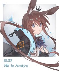 Rule 34 | 1girl, amiya (arknights), animal ear fluff, animal ears, arknights, ascot, ayami chan 0122, black jacket, blue ascot, blue eyes, brown hair, closed mouth, commentary, crown, dated, english text, eyes visible through hair, frilled ascot, frills, hair between eyes, highres, hood, hood down, hooded jacket, jacket, jewelry, long hair, long sleeves, looking at viewer, multiple rings, neck ring, open clothes, open jacket, photo (object), rabbit ears, ring, smile, solo, symbol-only commentary, upper body, very long hair