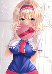 Rule 34 | 1girl, alice margatroid, blonde hair, blue dress, blue eyes, blush, box, breasts, capelet, dress, gift, gift box, hair between eyes, hairband, highres, holding, holding gift, large breasts, lolita hairband, looking at viewer, red hairband, reijing etrn, short hair, solo, touhou, upper body, white capelet, window