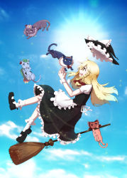 Rule 34 | 1girl, absurdres, alice margatroid, animal ears, animalization, apron, artist request, backpack, bag, black dress, blonde hair, blue eyes, blue sky, bow, braid, broom, broom riding, capelet, cat, cat ears, cat tail, cloud, crescent, crescent hair ornament, day, dress, flying, hair bobbles, hair bow, hair ornament, hairband, hakurei reimu, hat, hat ribbon, highres, kawashiro nitori, kirisame marisa, long hair, open mouth, outdoors, patchouli knowledge, profile, puffy sleeves, purple eyes, red eyes, ribbon, shirt, shoes, short sleeves, single braid, skirt, skirt set, sky, socks, solo, sun, tail, too many, too many cats, touhou, unworn hat, unworn headwear, vest, waist apron, white socks, witch hat, yellow eyes
