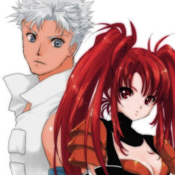 Rule 34 | 1boy, 1girl, bare shoulders, breasts, choker, cleavage, elbow gloves, gloves, grey eyes, grey hair, long hair, loni dunamis, nanaly fletch, red eyes, red hair, short hair, tales of (series), tales of destiny 2, twintails