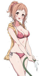 Rule 34 | 1girl, :d, absurdres, bare arms, bikini, blush, breasts, brown eyes, brown hair, cleavage, collarbone, commentary request, high ponytail, highres, holding, hood, hood down, hooded jacket, hose, idolmaster, idolmaster shiny colors, jacket, looking at viewer, medium breasts, open clothes, open jacket, open mouth, pink bikini, pizzasi, ponytail, sakuragi mano, side-tie bikini bottom, simple background, sleeveless, sleeveless jacket, smile, solo, swimsuit, water, white background, yellow jacket