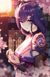 Rule 34 | 1girl, armor, bad id, bad pixiv id, breasts, bridal gauntlets, chinese commentary, cleavage, flower, from side, genshin impact, hair ornament, highres, japanese clothes, kimono, lamp, large breasts, light particles, long hair, looking at viewer, mitsudomoe (shape), mole, mole under eye, nail polish, open mouth, outdoors, purple eyes, purple flower, purple hair, raiden shogun, ribbon, sash, shoulder armor, solo, tomoe (symbol), zhuchengbi