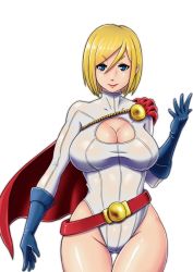 Rule 34 | 1girl, aiguillette, animification, belt, belt buckle, belt skirt, blonde hair, blue eyes, blue gloves, breasts, buckle, cape, cleavage, cleavage cutout, clothing cutout, cowboy shot, dc comics, elbow gloves, female focus, gloves, gluteal fold, groin, hair between eyes, highleg, highleg leotard, highres, hip focus, kamen-blue, kryptonian, large breasts, leotard, light smile, lipstick, looking at viewer, makeup, parted bangs, power girl, red cape, short hair, simple background, smile, solo, superhero costume, superman (series), swept bangs, taut clothes, turtleneck, white background