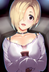 Rule 34 | 1girl, :d, amasora taichi, black choker, blonde hair, blurry, blurry background, blush, brown eyes, choker, collarbone, commentary request, cross-laced clothes, ear piercing, flashlight, hair over one eye, head tilt, highres, holding, idolmaster, idolmaster cinderella girls, lips, long sleeves, looking at viewer, open mouth, piercing, shirasaka koume, shirt, short hair, sleeves past fingers, sleeves past wrists, smile, solo, upper body, white shirt