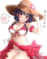 Rule 34 | 1girl, :d, bikini, blush, breasts, clothes lift, dated, flower, giraffe (ilconte), hair ornament, hat, hat flower, heart, highres, kantai collection, large breasts, lifted by self, long hair, looking at viewer, low twintails, official alternate costume, open mouth, purple hair, red eyes, sarong, sarong lift, simple background, smile, solo, spoken heart, straw hat, swimsuit, taigei (kancolle), translated, twintails, twitter username, white background