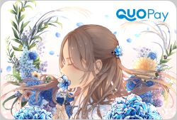 Rule 34 | 1girl, blue flower, brown hair, closed eyes, flower, hair flower, hair ornament, holding, holding flower, long hair, nyaon oekaki, original, petals, profile, quopay, smelling, solo, upper body, white background