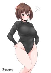 Rule 34 | 1girl, black leotard, breasts, brown eyes, brown hair, commentary request, cowboy shot, hair ribbon, heattech leotard, highleg, highleg leotard, highres, ise (kancolle), kantai collection, large breasts, leotard, looking at viewer, one-hour drawing challenge, ponytail, ribbon, short hair, simple background, solo, squiggle, standing, takomeshi, turtleneck, twitter username, white background, wide hips