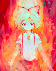 Rule 34 | 1girl, alternate hair length, alternate hairstyle, bow, burning, fire, fujiwara no mokou, hair bow, hair ribbon, long sleeves, outstretched arms, pants, red eyes, ribbon, shirt, short hair, sketch, smile, solo, spread arms, suspenders, torn clothes, touhou, tsukamoto anabone, white hair, white shirt