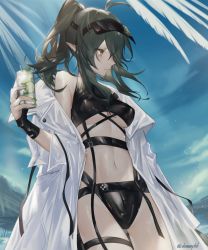 Rule 34 | 1girl, absurdres, antenna hair, arknights, bare shoulders, bikini, black bikini, breasts, commentary request, cowboy shot, crocodilian tail, cup, drink, gavial (arknights), green hair, green nails, highleg, highleg bikini, highres, holding, holding cup, long hair, looking to the side, medium breasts, multiple straps, nail polish, navel, official alternate costume, ponytail, solo, stomach, swimsuit, tail, thigh strap, thighs, twitter username, underboob, uyuu (hirameki), visor cap, yellow eyes