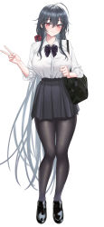 Rule 34 | 1girl, absurdres, ahoge, azur lane, bag, black bag, black bow, black bowtie, black footwear, black hair, black pantyhose, black skirt, bow, bowtie, bra visible through clothes, breasts, closed mouth, collared shirt, full body, hair between eyes, hair bow, highres, huge ahoge, invisible floor, kirin3145, large breasts, loafers, long hair, looking at viewer, no eyewear, no jacket, official alternate costume, pantyhose, pleated skirt, red bow, red eyes, school bag, school uniform, shirt, shirt tucked in, shoes, shoulder bag, sidelocks, simple background, skirt, sleeves rolled up, smile, solo, standing, tachi-e, taihou (azur lane), taihou (sweet time after school) (azur lane), v, very long hair, white background, white shirt