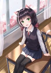 1girl absurdres alternate_costume animal_ear_fluff animal_ears arm_support bad_id bad_pixiv_id black_hair black_thighhighs blush bow breasts cat_ears cat_girl cat_tail cherry_blossoms classroom collared_shirt commentary_request desk fang feet_out_of_frame from_above green_eyes hair_bow highres indoors karyl_(princess_connect!) long_hair long_sleeves looking_at_viewer low_twintails multicolored_hair on_desk open_mouth pleated_skirt princess_connect! red_neckwear school_desk shirt sitting on_desk skin_fang skirt small_breasts smile solo streaked_hair sweater_vest tail thighhighs twintails white_hair white_shirt zeroillya