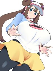 Rule 34 | 1girl, bellupup, black pantyhose, blue eyes, breasts, brown hair, closed mouth, cowboy shot, creatures (company), double bun, dutch angle, game freak, hair bun, highres, huge breasts, long hair, nintendo, pantyhose, pokemon, pokemon bw2, rosa (pokemon), shirt, short sleeves, shorts, simple background, smile, solo, standing, twintails, visor cap, white background, white shirt, yellow shorts