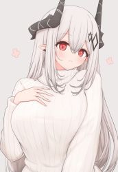 Rule 34 | 1girl, alternate costume, arknights, blush, breasts, closed mouth, ear piercing, grey background, hair between eyes, highres, horns, large breasts, long hair, long sleeves, looking at viewer, mudrock (arknights), piercing, pointy ears, red eyes, risshu, sidelocks, silver hair, simple background, smile, solo, sweater, turtleneck, turtleneck sweater, upper body, very long hair, white sweater
