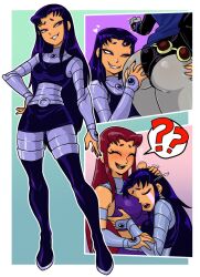 Rule 34 | 3girls, ?, ??, ass, ass grab, black nails, blackfire, blush, breasts, centinel303, closed eyes, colored skin, crop top, dc comics, grey skin, headpat, highres, large breasts, long hair, multiple girls, open mouth, parted lips, purple eyes, purple hair, raven (dc), red hair, siblings, sisters, smile, smug, speech bubble, spoken question mark, starfire, teen titans, teeth, upper teeth only, yuri