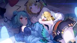 Rule 34 | &gt; &lt;, 2girls, animal print, bare shoulders, bat hair ornament, bed, blonde hair, blush, breasts, butterfly print, choker, cleavage, closed mouth, collarbone, double bun, dress, hair bun, hair ornament, hairclip, highres, holding hands, hololive, hololive fantasy, long sleeves, looking at viewer, lying, medium breasts, miniskirt, multiple girls, narumi nanami, on side, petals, red eyes, skirt, stuffed toy, thighhighs, uruha rushia, uruha rushia (1st costume), virtual youtuber, yozora mel, yozora mel (1st costume), zettai ryouiki