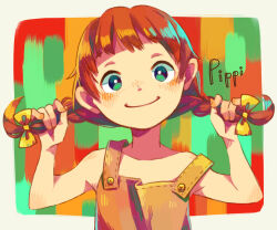 Rule 34 | 1girl, blush, border, bow, braid, bright pupils, brown hair, brown overalls, character name, collarbone, freckles, green eyes, head tilt, holding own hair, looking at viewer, mother (game), mother 1, nintendo, overalls, pippi (mother), shifumame, smile, solo, twin braids, upper body, white border, white pupils, yellow bow
