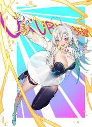 Rule 34 | 1girl, ahoge, aqua footwear, arm up, blue eyes, blush, breasts, covered navel, creature, creature on shoulder, dress, earrings, english text, fingernails, firing, glowing, grey hair, gun, hair between eyes, hair ornament, hairclip, highres, holding, holding gun, holding weapon, holster, jewelry, kare huang, large breasts, leotard, long hair, multicolored eyes, nail polish, on shoulder, open mouth, original, pink eyes, pink nails, planet, planet earrings, purple leotard, ribbon, saliva, saliva trail, see-through, see-through dress, skindentation, smile, solo, sweat, teeth, tongue, tongue out, upper teeth only, virtual youtuber, weapon, white ribbon, yellow nails