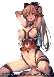 Rule 34 | 1boy, 1girl, armpits, arms up, artist name, blonde hair, blush, bottomless, bow, breasts, brown eyes, censored, cowgirl position, criss-cross halter, cum, cum in pussy, erection, girl on top, granblue fantasy, hair between eyes, hair bow, halterneck, head tilt, hetero, high ponytail, large breasts, long hair, looking at viewer, mosaic censoring, nipples, nose blush, open mouth, penis, pussy, red bow, redcomet, ribbon-trimmed clothes, ribbon trim, sex, solo focus, straddling, vaginal, very long hair, vira (granblue fantasy), watermark, web address, white background