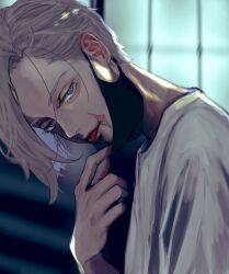 Rule 34 | 1boy, black mask, blonde hair, blue eyes, blurry, depth of field, expressionless, eyelashes, hand up, head down, highres, kokin58149915, looking at viewer, male focus, mask pull, night, outdoors, portrait, scar, scar on face, shirt, short hair, solo, swept bangs, tokyo revengers, tongue, tongue out, white shirt