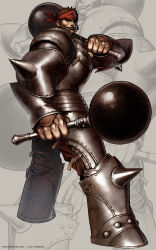 Rule 34 | 1boy, armor, armored boots, artist name, astonishia story 2, bandana, bara, boots, breastplate, brown eyes, brown hair, closed mouth, commentary, concept art, copyright notice, dual wielding, english commentary, full body, grey background, hearne (as2), highres, holding, holding weapon, leg armor, limha lekan, looking at viewer, looking to the side, mace, male focus, official art, pauldrons, photoshop (medium), red bandana, short hair, shoulder armor, sideburns, smile, solo, spiked hair, standing, vambraces, weapon, zoom layer