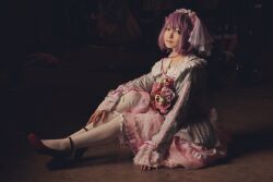Rule 34 | 1girl, absurdres, asian, blouse, closed mouth, convention, cosplay photo, floor, frilled shirt collar, frilled skirt, frilled sleeves, frills, from side, full body, hair between eyes, hand on own leg, high heels, highres, indoors, komeiji satori, long sleeves, looking at viewer, looking to the side, nail polish, on floor, pantyhose, photo (medium), pink hair, pink nails, pink skirt, red footwear, shirt, short hair, sitting, skirt, solo focus, taicho malice, third eye, touhou, white pantyhose