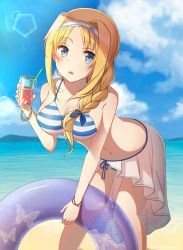 Rule 34 | 1girl, absurdres, alice zuberg, alternate breast size, animal print, beach, bent over, bikini, blonde hair, blue eyes, blue ribbon, blue sky, bracelet, braid, breasts, butterfly print, cleavage, cloud, collarbone, cup, day, drinking glass, drinking straw, enokimo me, hair over shoulder, hairband, highres, holding, holding cup, holding drinking glass, innertube, jewelry, large breasts, long hair, looking at viewer, ocean, open mouth, outdoors, print innertube, purple innertube, ribbon, sarong, side braid, sideboob, single braid, sky, solo, standing, striped bikini, striped clothes, sunlight, swim ring, swimsuit, sword art online, white hairband