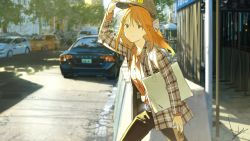 Rule 34 | 1girl, bag, belt, blonde hair, blurry, blurry background, brown eyes, car, coffee cup, contemporary, cup, disposable cup, flannel, hair ribbon, hand on headwear, hat, highres, jacket, long hair, looking at viewer, loundraw, motor vehicle, orange hair, original, outdoors, ribbon, road, smile, street, volvo