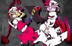 Rule 34 | 2girls, blonde hair, bow, crystal, dress, flandre scarlet, grey background, grin, gungnir (weapon), hat, hat bow, laevatein, light purple hair, long hair, looking at viewer, mob cap, multiple girls, polearm, red bow, red eyes, remilia scarlet, siblings, side ponytail, sisters, skirt, smile, spear, spear the gungnir, tabazi, touhou, weapon, whorled hair, wings, wrist cuffs